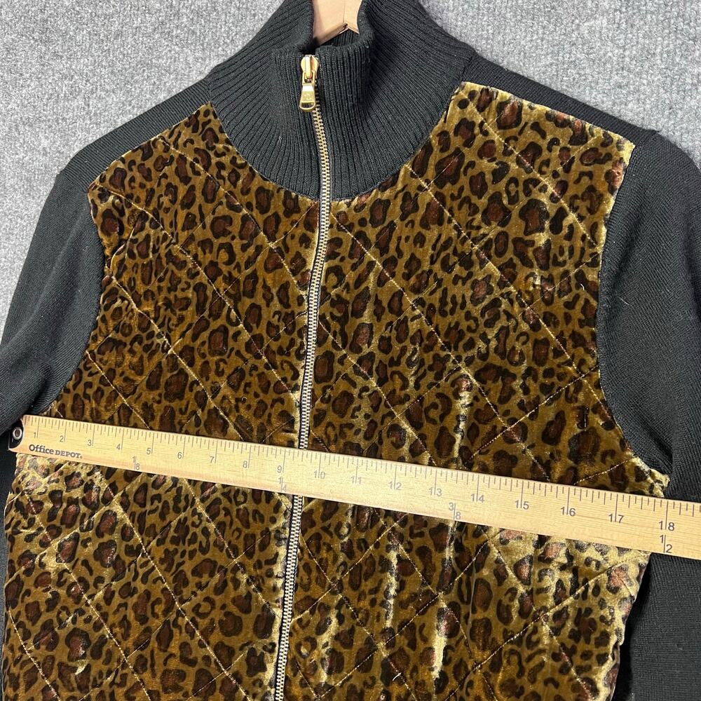 Ralph Lauren Quilted Velvet Leopard Black Wool Cardigan Sweater Jacket Size M - Picture 4 of 8